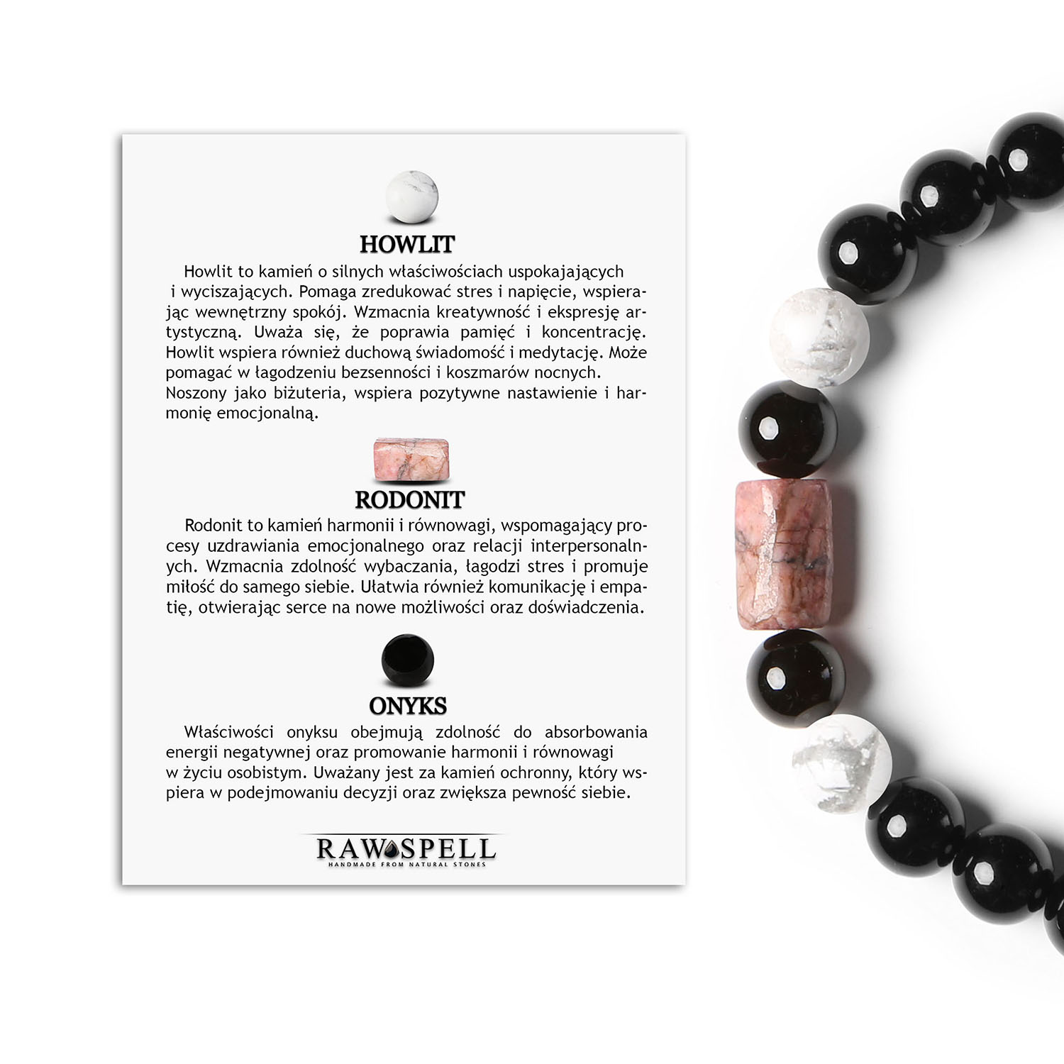 Bransoletka na sznurku z howlitem, rodonitem w kolorze różowym i onyksu z kolekcji Laeri, stworzona dla kobiet i mężczyzn Bransoletka Laeri w unikalnym zestawieniu kamieni naturalnych: howlit, różowy rodonit i onyks, stworzona dla kobiet i mężczyzn.