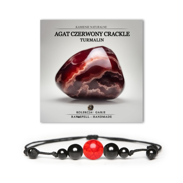 Elegancka bransoletka z kolekcji Garie z naturalnymi kamieniami: agat czerwony crackle i turmalin, przeznaczona dla kobiet i mężczyzn.