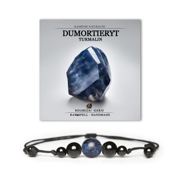 Bransoletka z kolekcji Garie wykonana z naturalnych kamieni, w tym dumortierytu i turmalinu, przeznaczona dla kobiet i mężczyzn.