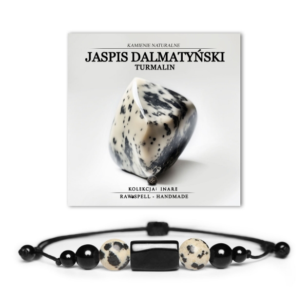 Elegancka bransoletka z kolekcji Inare, złożona z jaspisu dalmatyńskiego i turmalinu, przeznaczona dla kobiet i mężczyzn.