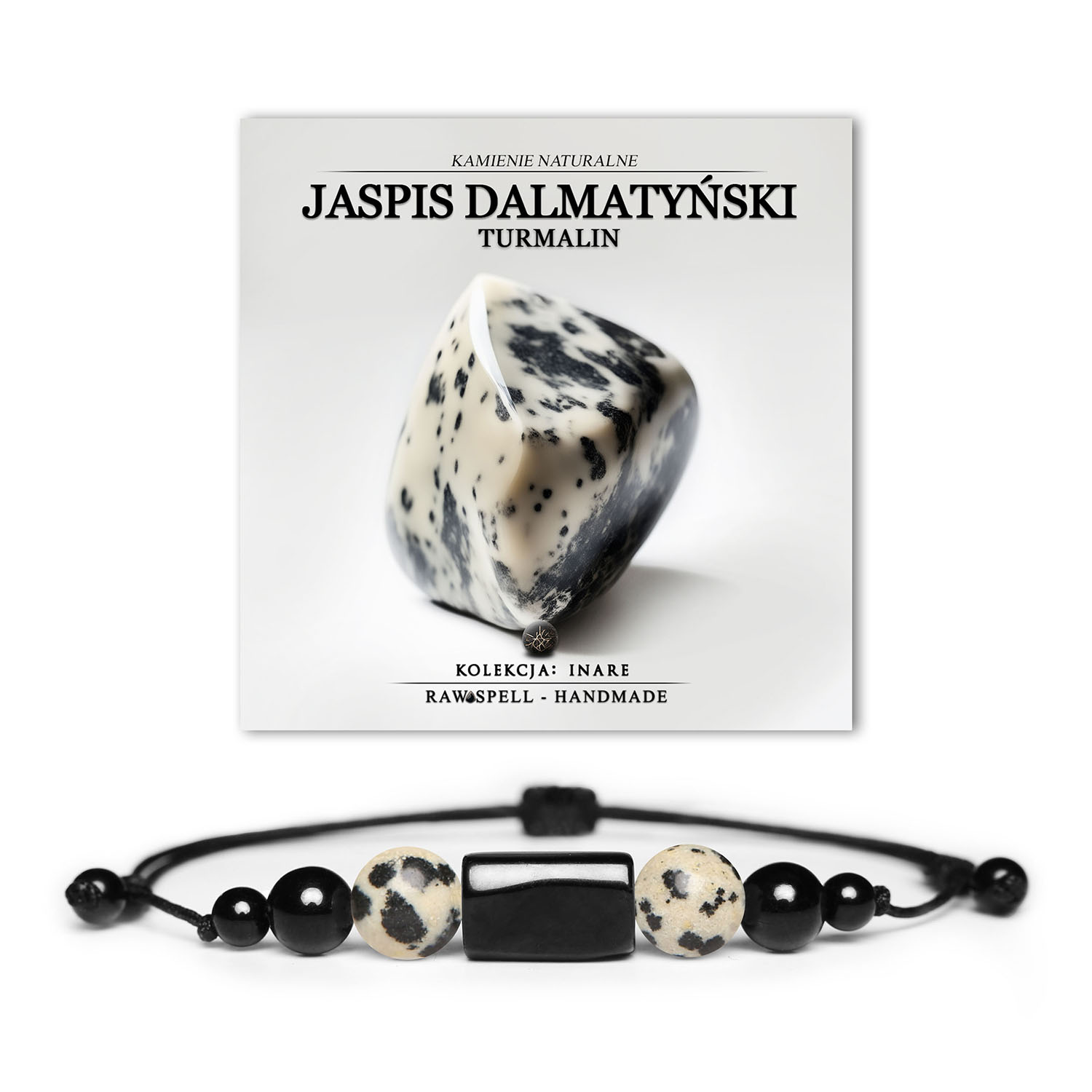 Elegancka bransoletka z kolekcji Inare, złożona z jaspisu dalmatyńskiego i turmalinu, przeznaczona dla kobiet i mężczyzn.