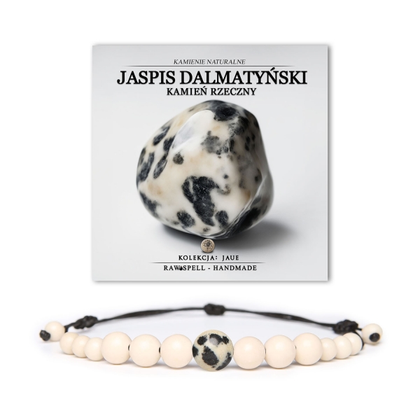 Bransoletka z kolekcji Jaue wykonana z jaspisu dalmatyńskiego i kamienia rzecznego, dedykowana dla kobiet i mężczyzn.