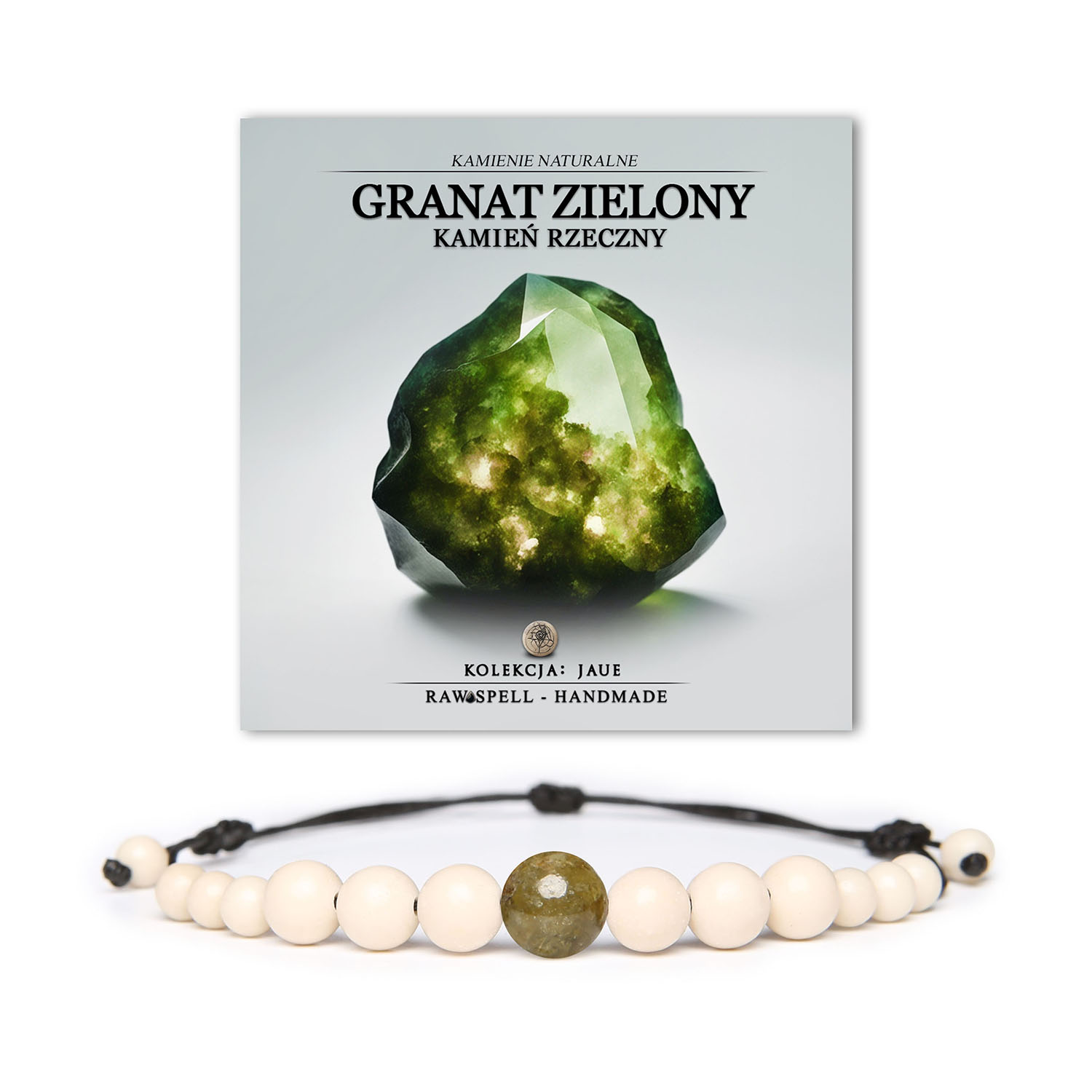 Stylowa bransoletka Jaue z kamieniami naturalnymi, w tym zielonym granatem i kamieniem rzecznym, przeznaczona dla wszystkich płci.