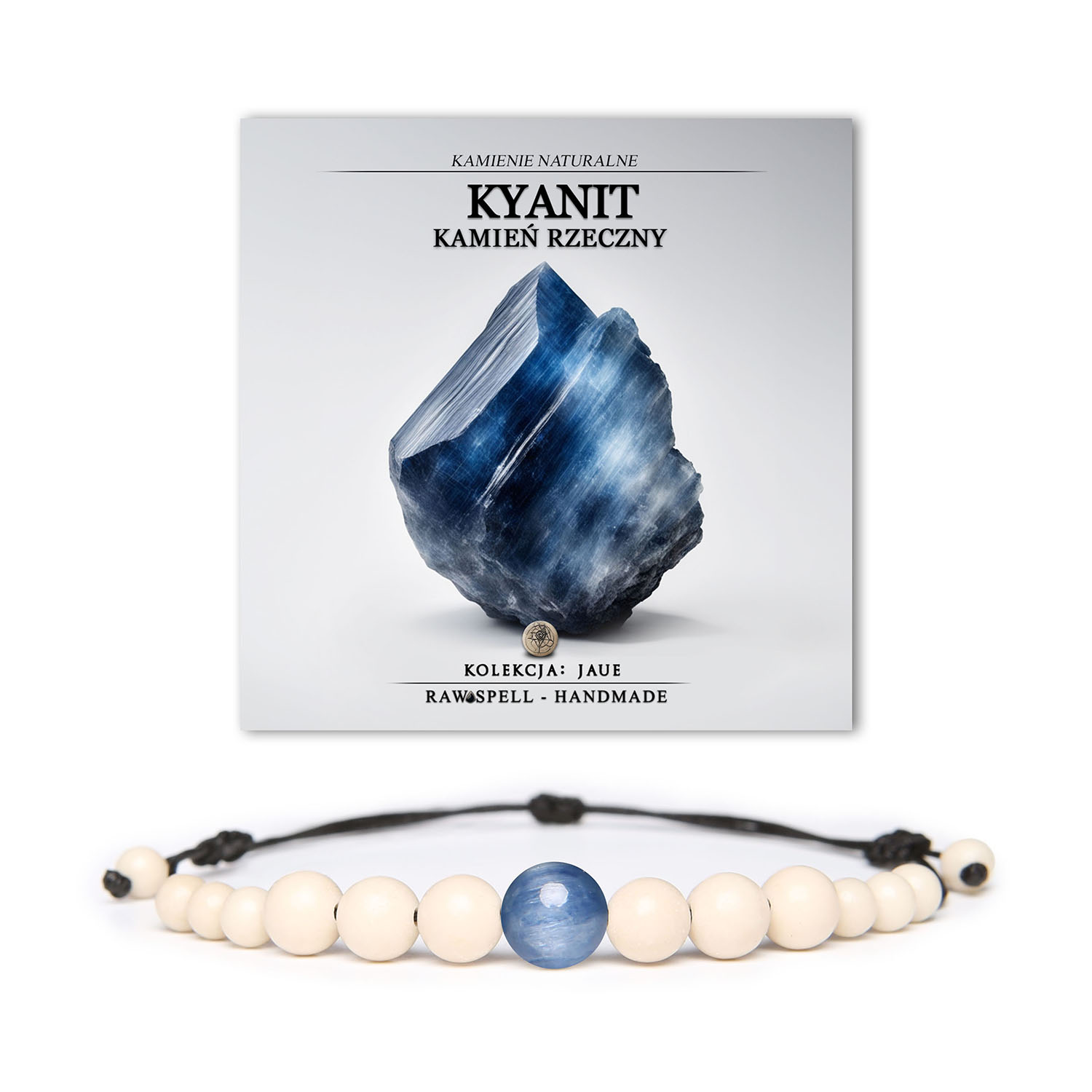 Bransoletka z kolekcji Jaue, zdobiona kyanitem oraz kamieniem rzecznym, stworzona z myślą o kobietach i mężczyznach.