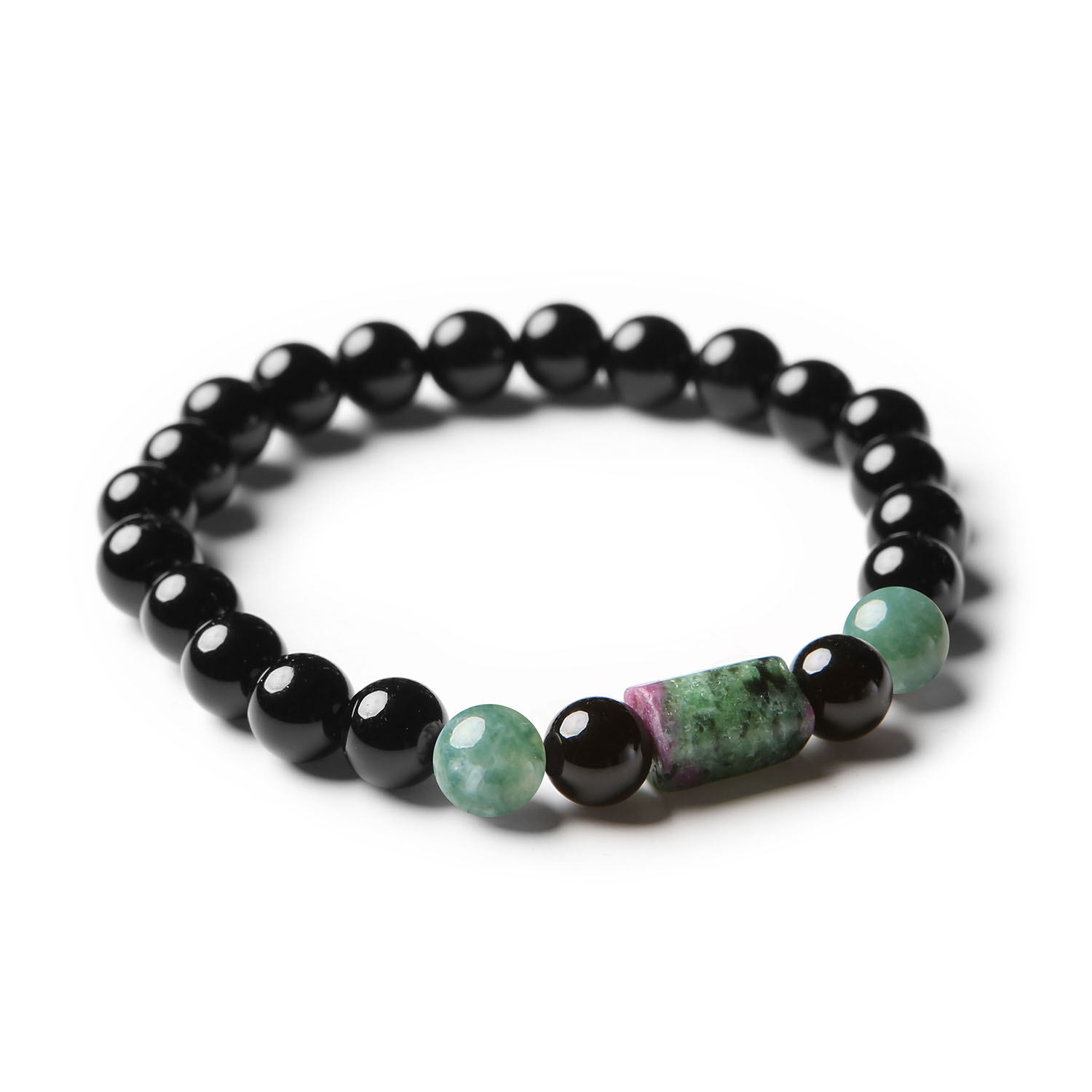 Unikatowa bransoletka z kolekcji Laeri, ozdobiona naturalnymi kamieniami: Agat Mszysty, Zoisyt z Rubinem i Onyks.