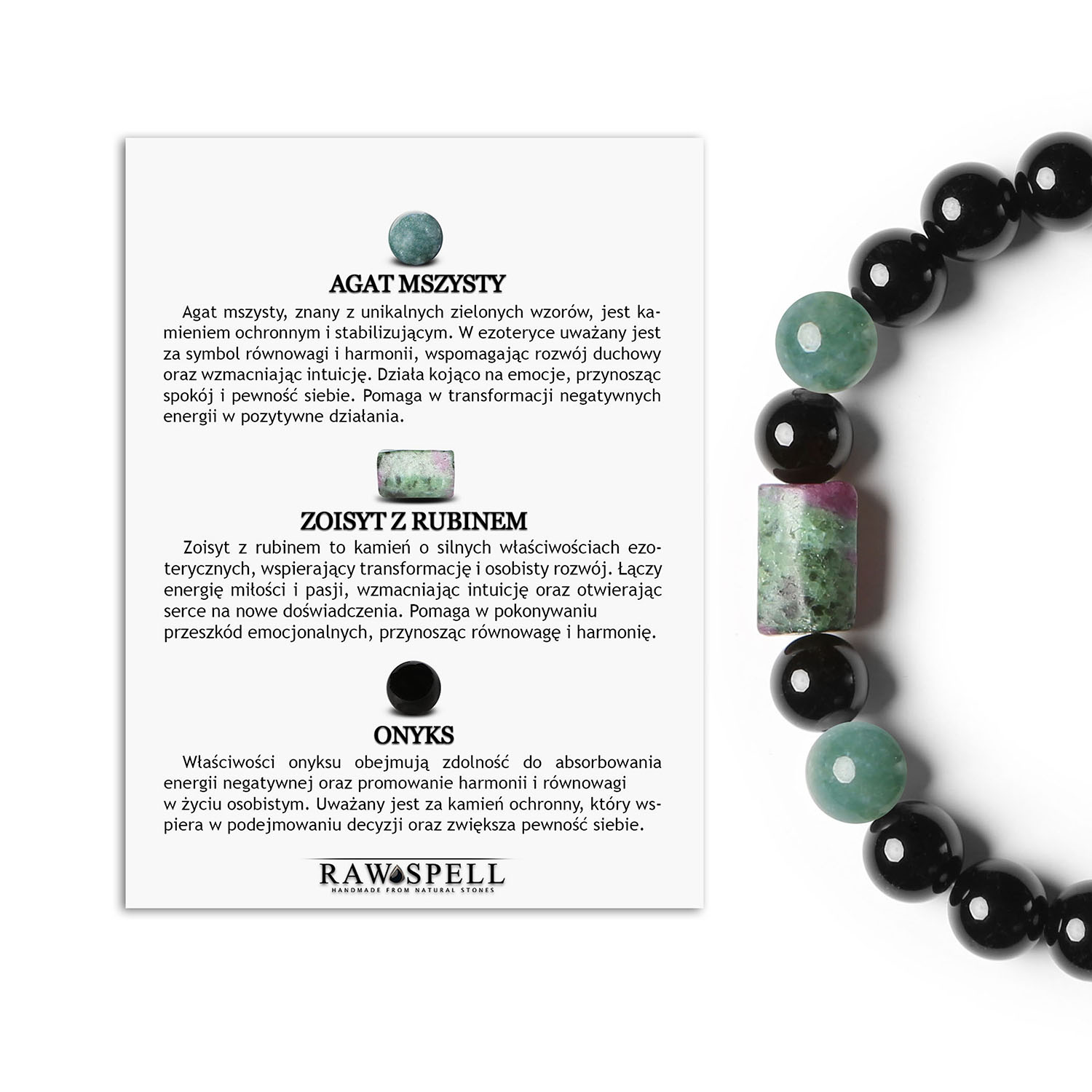 Bransoletka na sznurku z kolekcji Laeri - elegancki i wyrafinowany detal do stylowego wyglądu Kobiet i Mężczyzn Bransoletka Laeri z kamieniami naturalnymi: Agat Mszysty, Zoisyt z Rubinem i Onyks - idealna dla kobiet i mężczyzn.