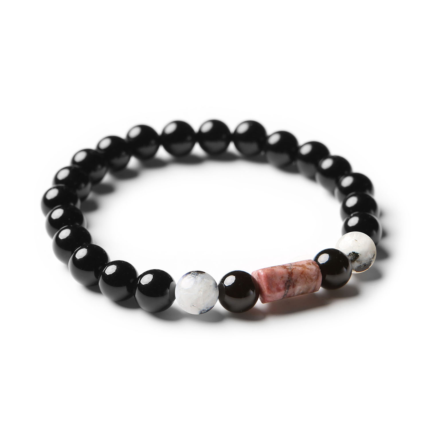 Elegancka bransoletka Laeri z naturalnych kamieni: Kamień Księżycowy Łaciaty, Rodonit (różowy) i Onyks - uniwersalny dodatek dla każdego.