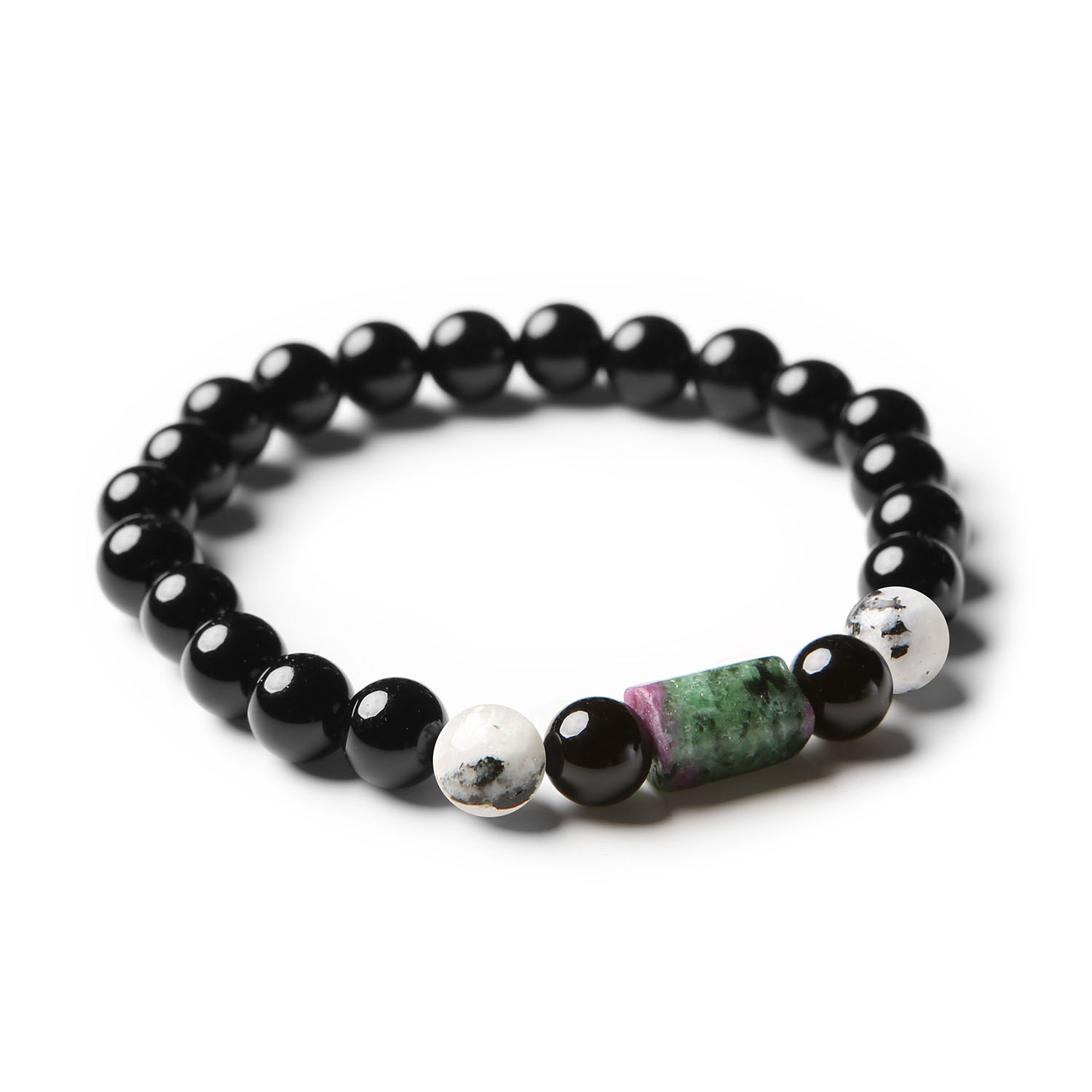 Kolosalne połączenie: Bransoletka z kolekcji Laeri, gdzie łączą się wspaniałe kamienie naturalne - Kamienie Księżycowy Łaciaty, Zoisyt oraz Rubin - tworzą niezwykłą całość, dostosowana do każdego dnia.