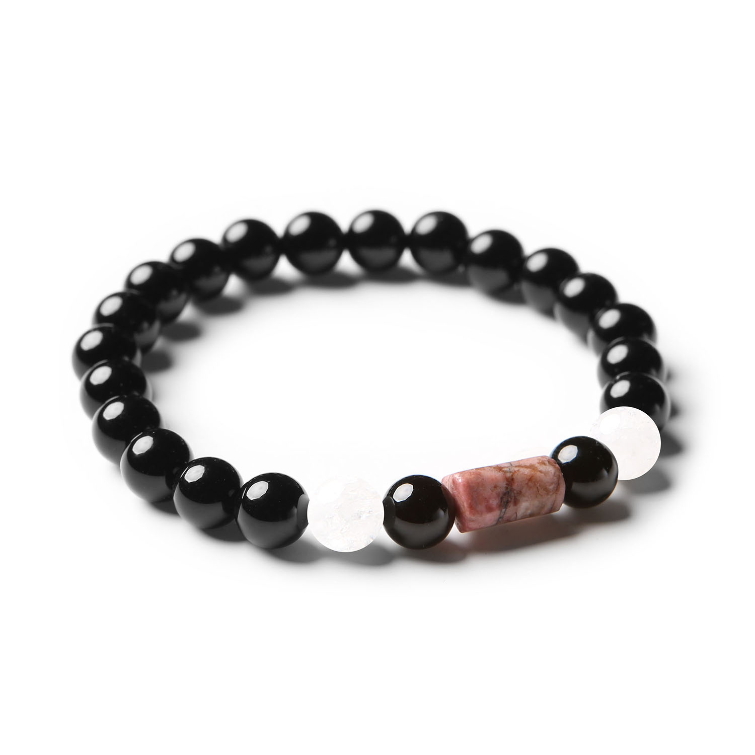 Bransoletka z kolekcji Laeri z naturalnymi kamieniami: Kryształ Górski Lodowy, różowy Rodonit oraz Onyks, idealna dla kobiet i mężczyzn.