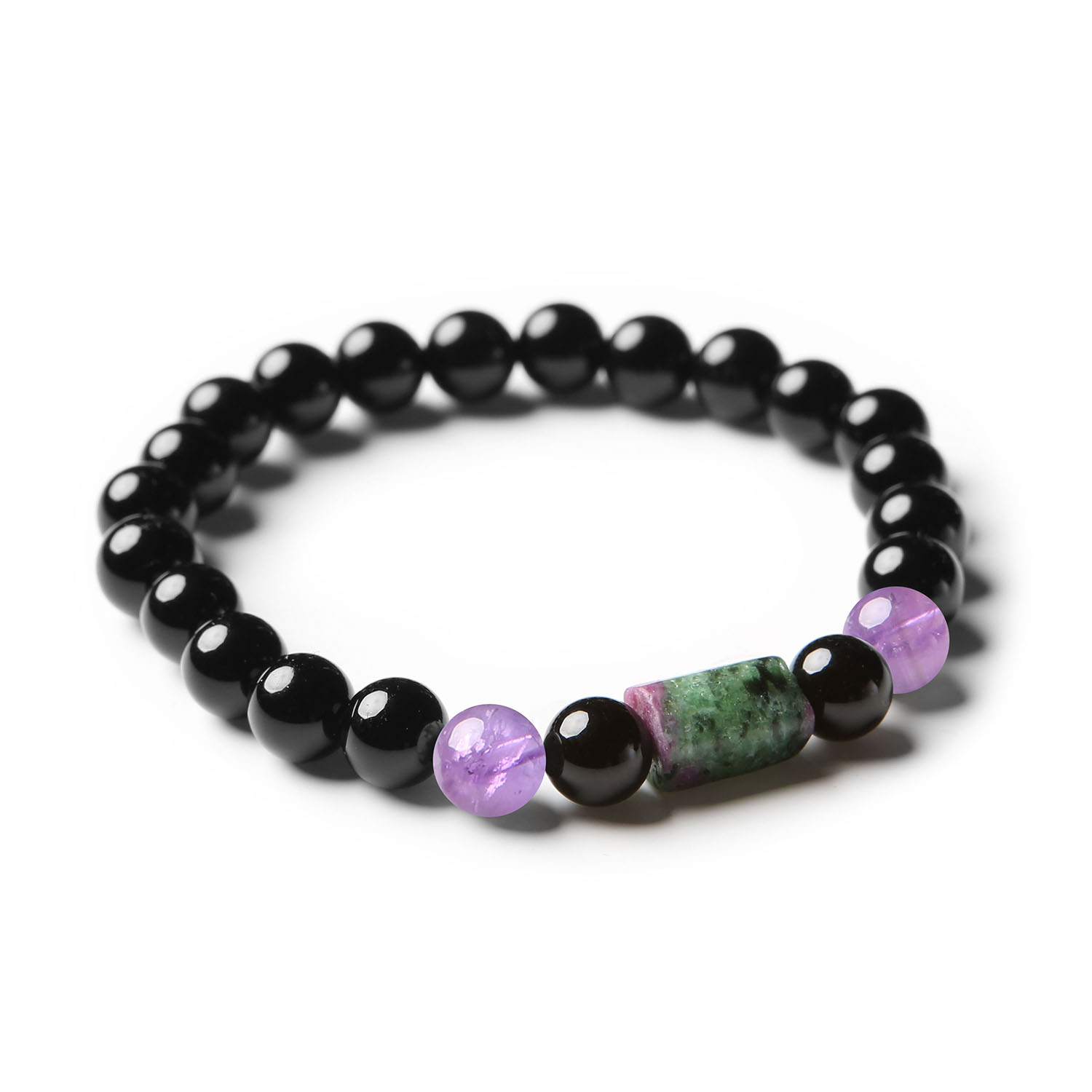 Bransoletka Laeri z naturalnymi kamieniami: ametyst, zoisyt z rubinem i onyks, idealna dla kobiet i mężczyzn.