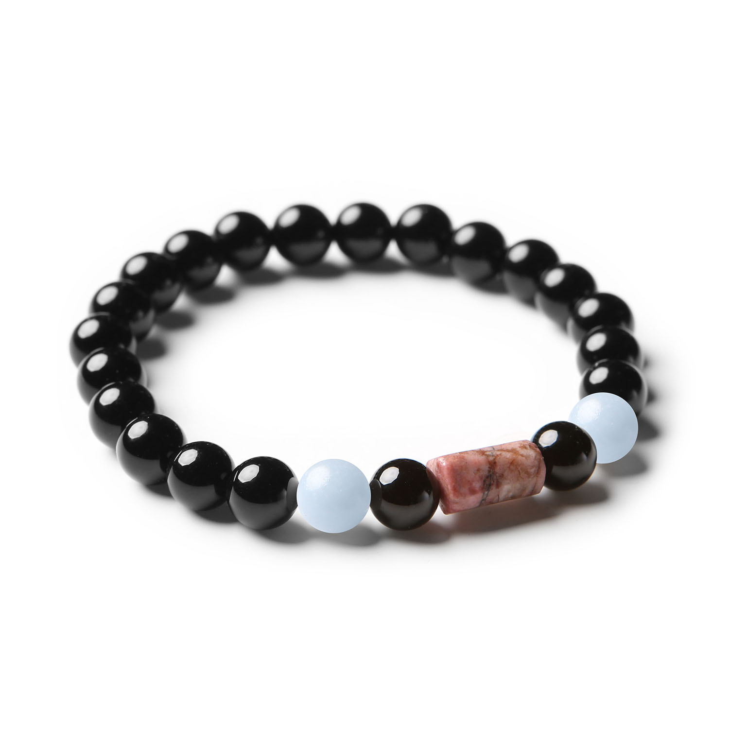 Elegancka bransoletka z kolekcji Laeri wykonana z naturalnych kamieni: Angelit z Peru, różowy Rodonit i Onyks - doskonały wybór dla kobiet i mężczyzn.