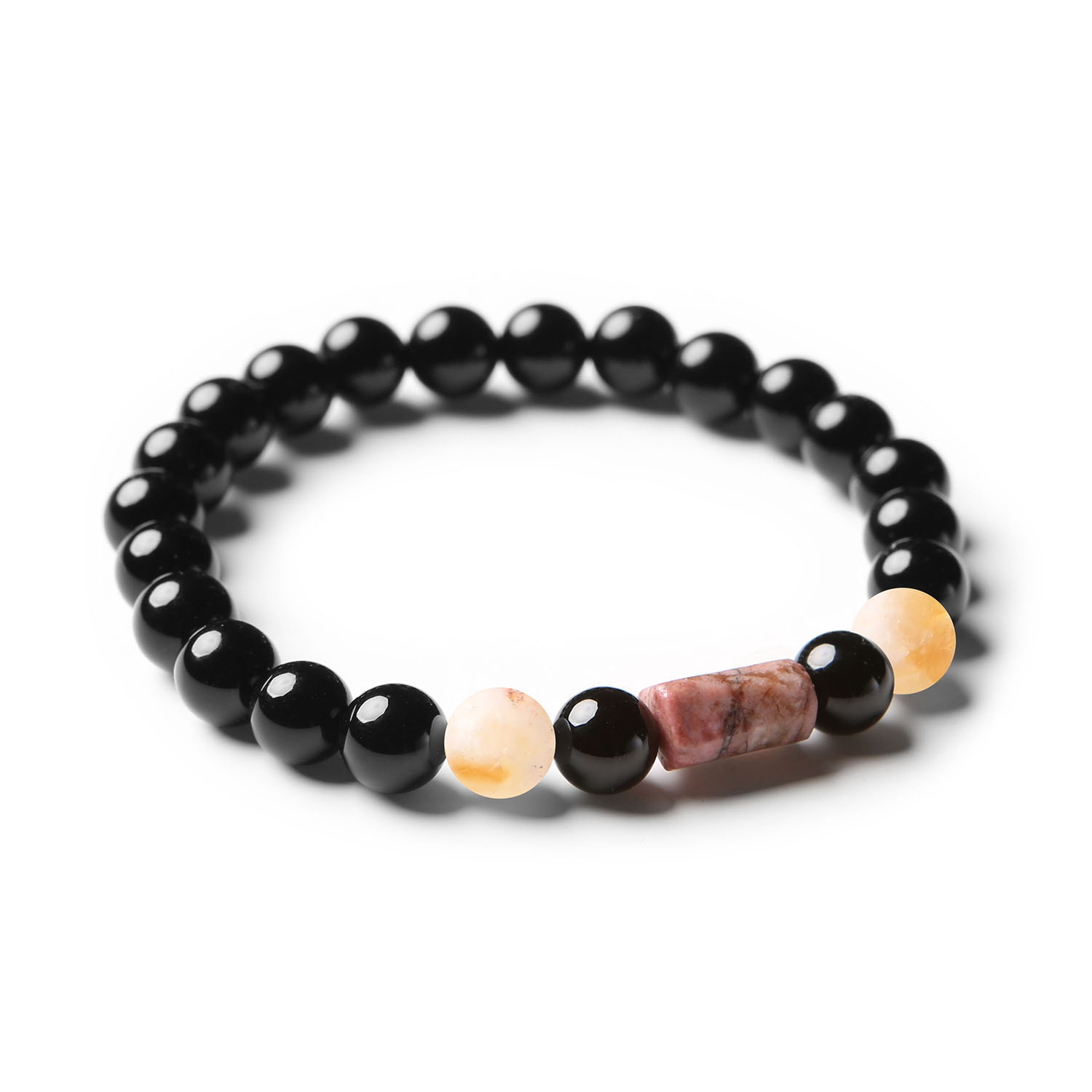 Bransoletka Laeri z naturalnymi kamieniami: cieniowany cytryn, różowy rodonit i onyks. Idealna dla kobiet i mężczyzn.