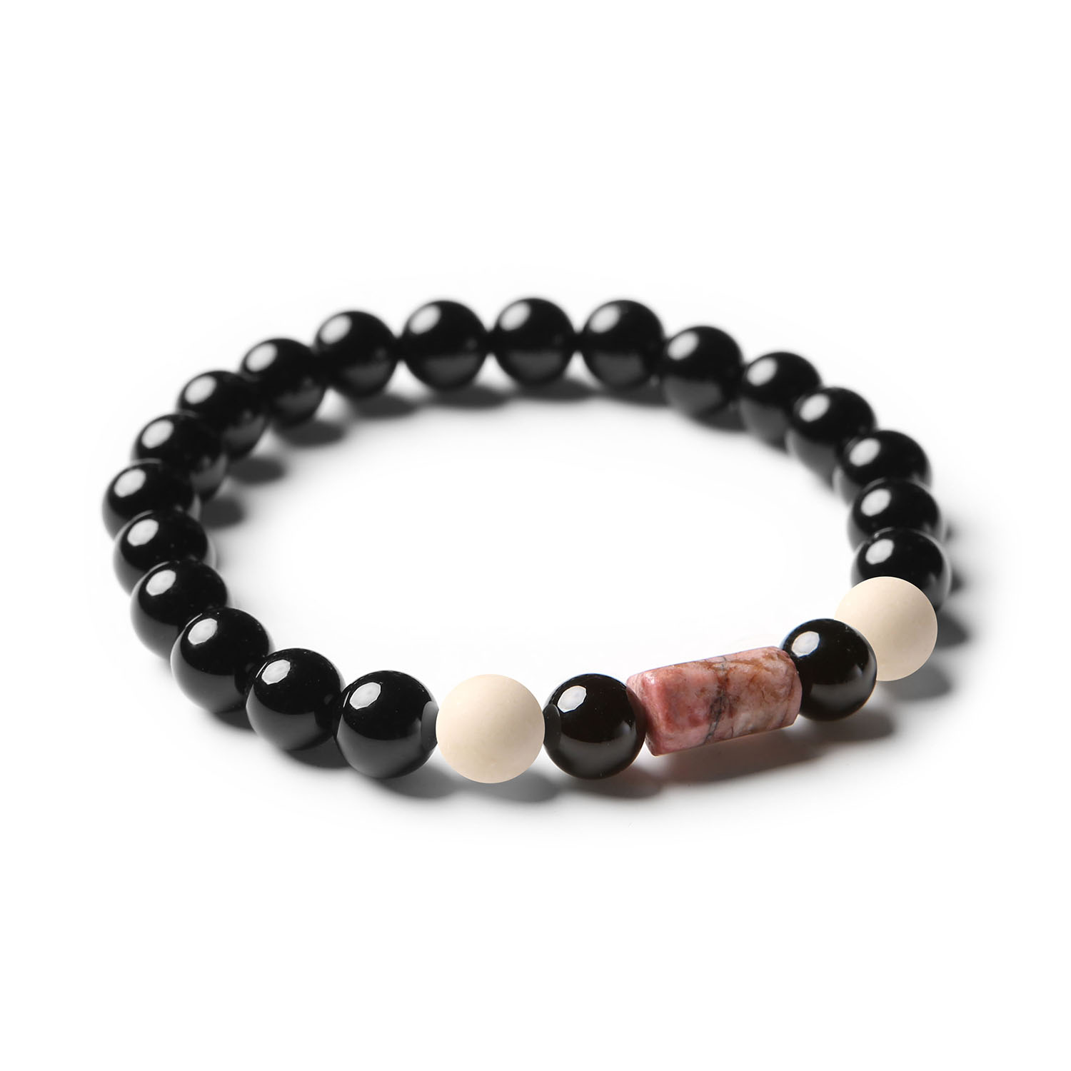 Bransoletka z naturalnych kamieni Rzecznych: różowy rodonit i onyks, elegancki wybór dla obu płci z kolekcji Laeri.