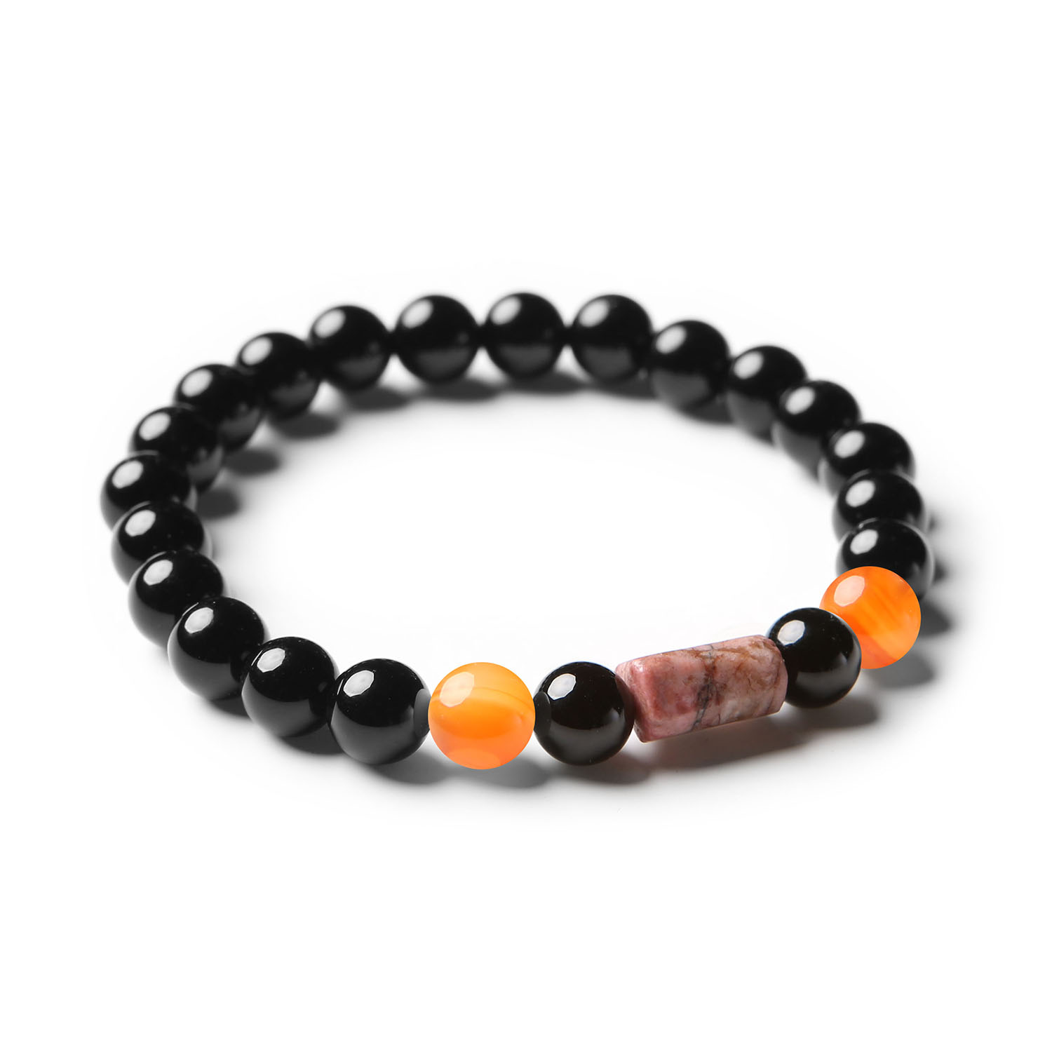 Bransoletka Laeri z naturalnymi kamieniami: karneol, różowy rodonit i onyks, idealna dla kobiet i mężczyzn.