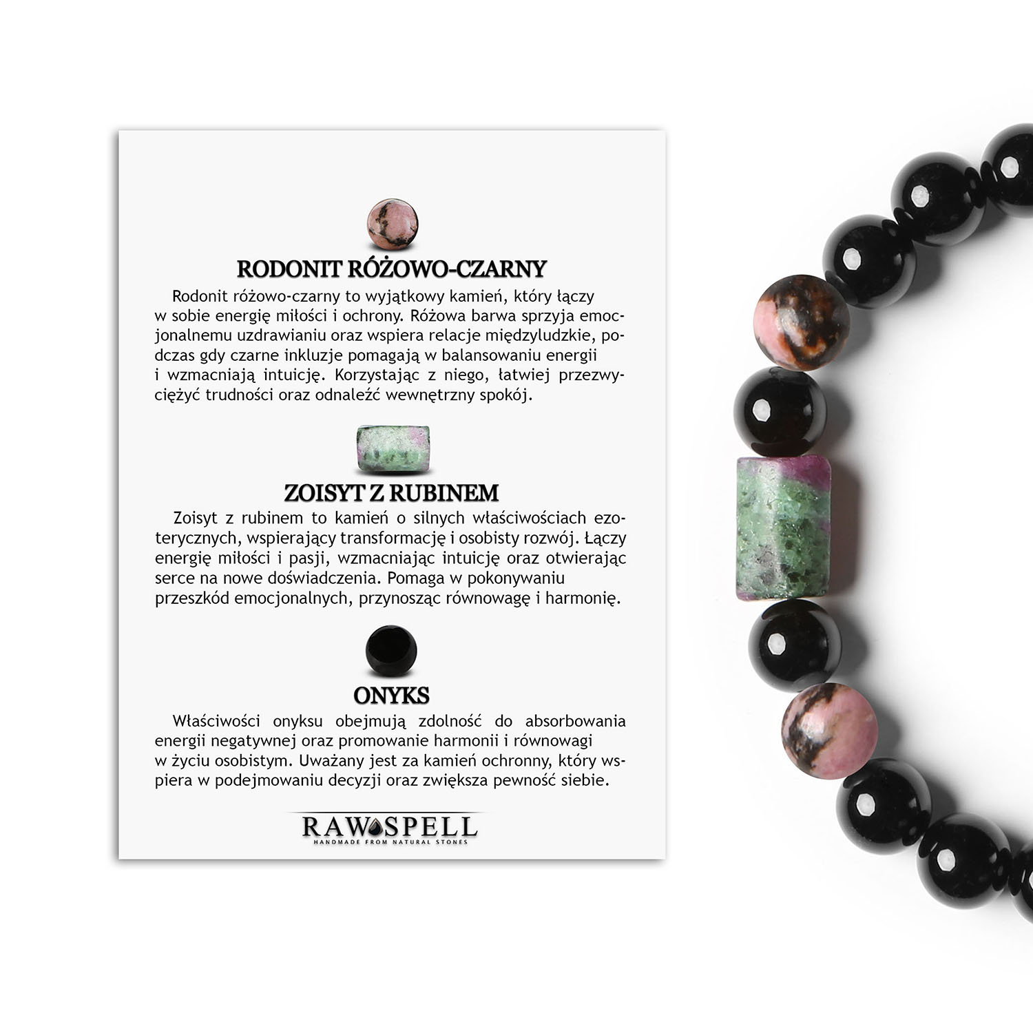 Bransoletka na sznurku z kolekcji Laeri z rodonitem różowo-czarnym, zoisyt z rubinem i onyks, idealna dla kobiet i mężc Wyjątkowa bransoletka z Laeri - kolekcja, która łączy piękno naturalnych kamieni.