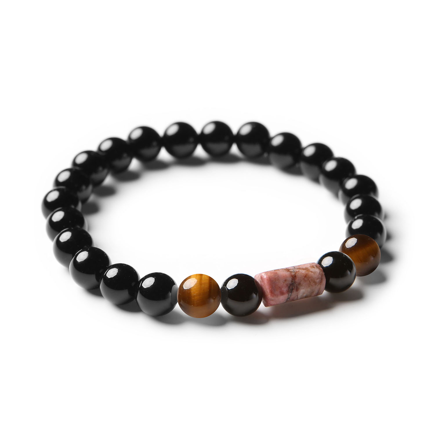 Elegancka bransoletka Laeri z kamieniami naturalnymi: tygrysie oko, rodonit w odcieniu różowym i onyks, unisex.