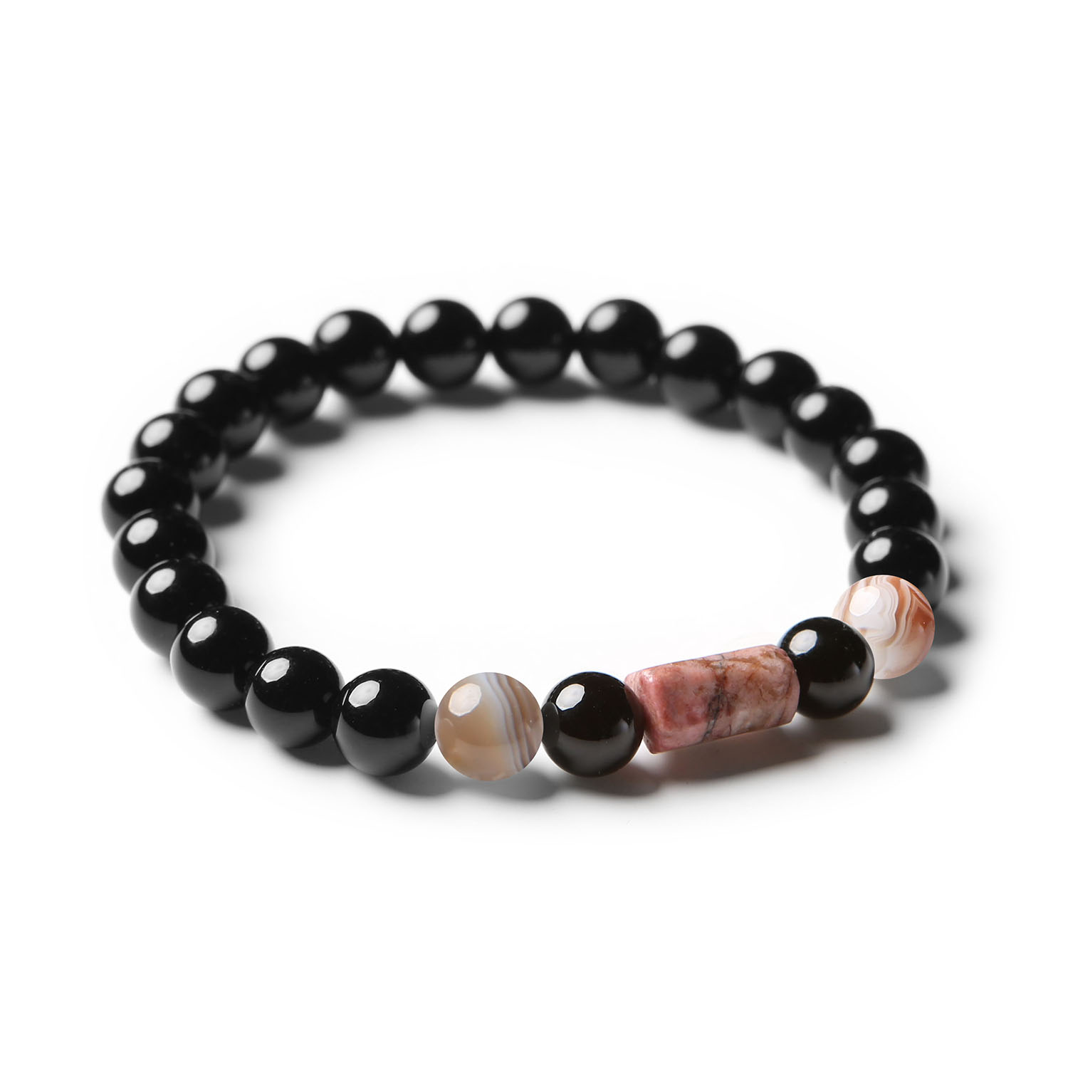 Elegancka bransoletka z kolekcji Laeri, z kamieniami: agat Botswana, rodonit w kolorze różowym i onyks, stworzona dla kobiet i mężczyzn.