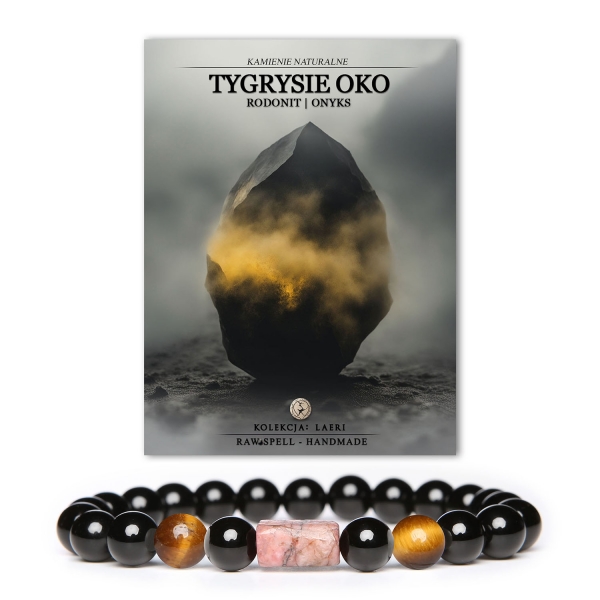 Bransoletka z kolekcji Laeri, wykonana z tygrysiego oka, różowego rodonitu i onyksu, doskonała ozdoba dla każdego.