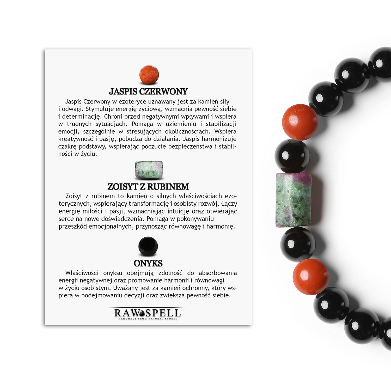 Bransoletka z Jaspisem Czerwonym Zoisyt z Rubinem i Onyks z kolekcji Laeri dla każdego Stylowa bransoletka Laeri, wykonana z jaspisu czerwonego, zoisytu z rubinem i onyksu, przeznaczona dla obu płci.