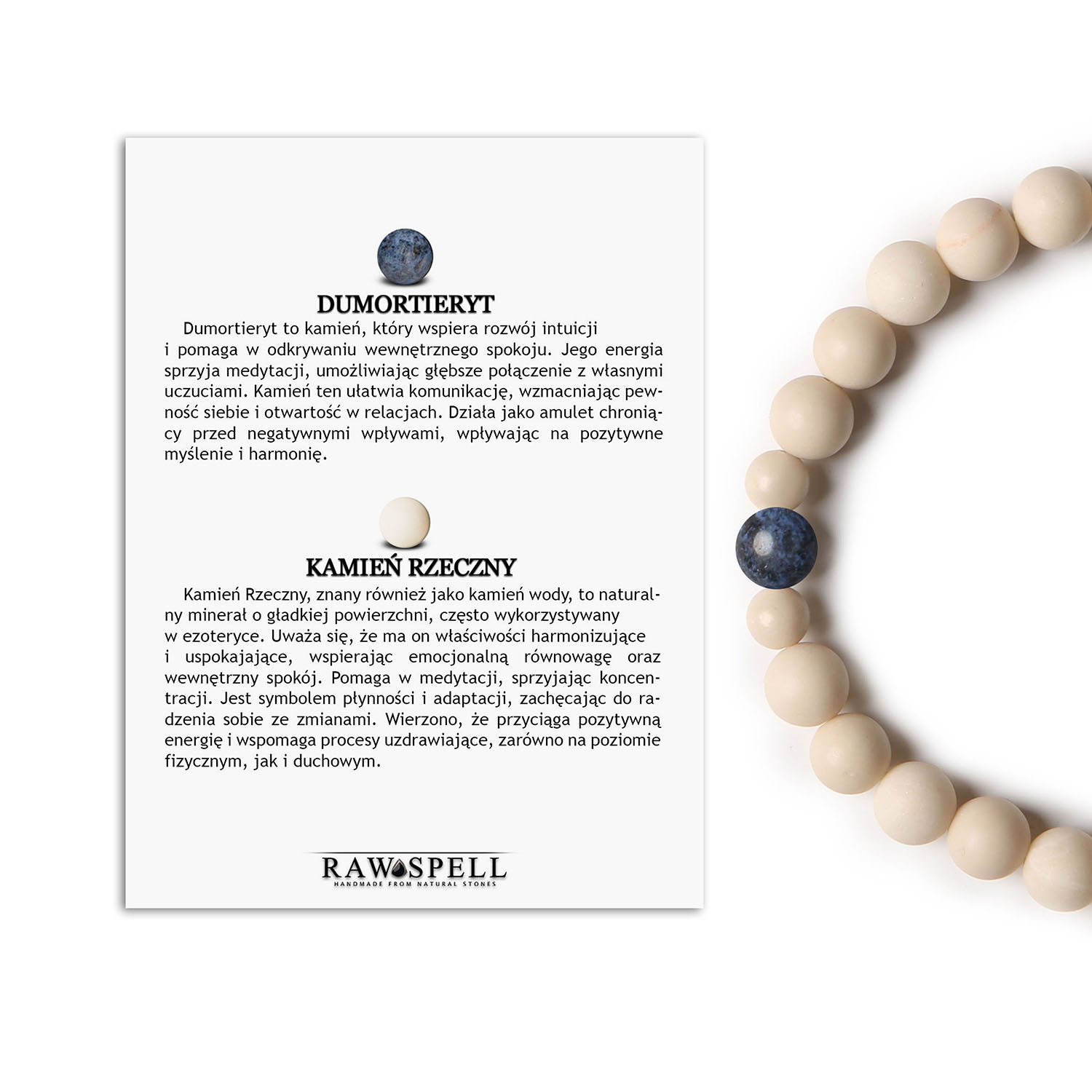 Bransoletka z Jaspisem Dalmatyńskim i Kamieniem Rzecznym na gumce z kolekcji Binthe, uniwersalna dla kobiet i mężczyzn Bransoletka z kamieni naturalnych Binthe, zawierająca dumortieryt i kamień rzeczny, dostępna dla kobiet i mężczyzn.