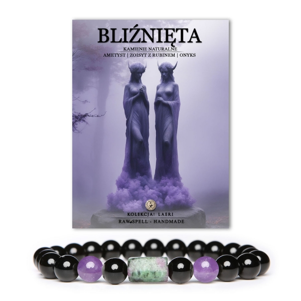 Kolekcja Laeri - Bransoletka Bliźnięta z ametystem, zoisitem i rubinem, ozdobione onykiem, ekskluzywna biżuteria dla kobiet i mężczyzn.