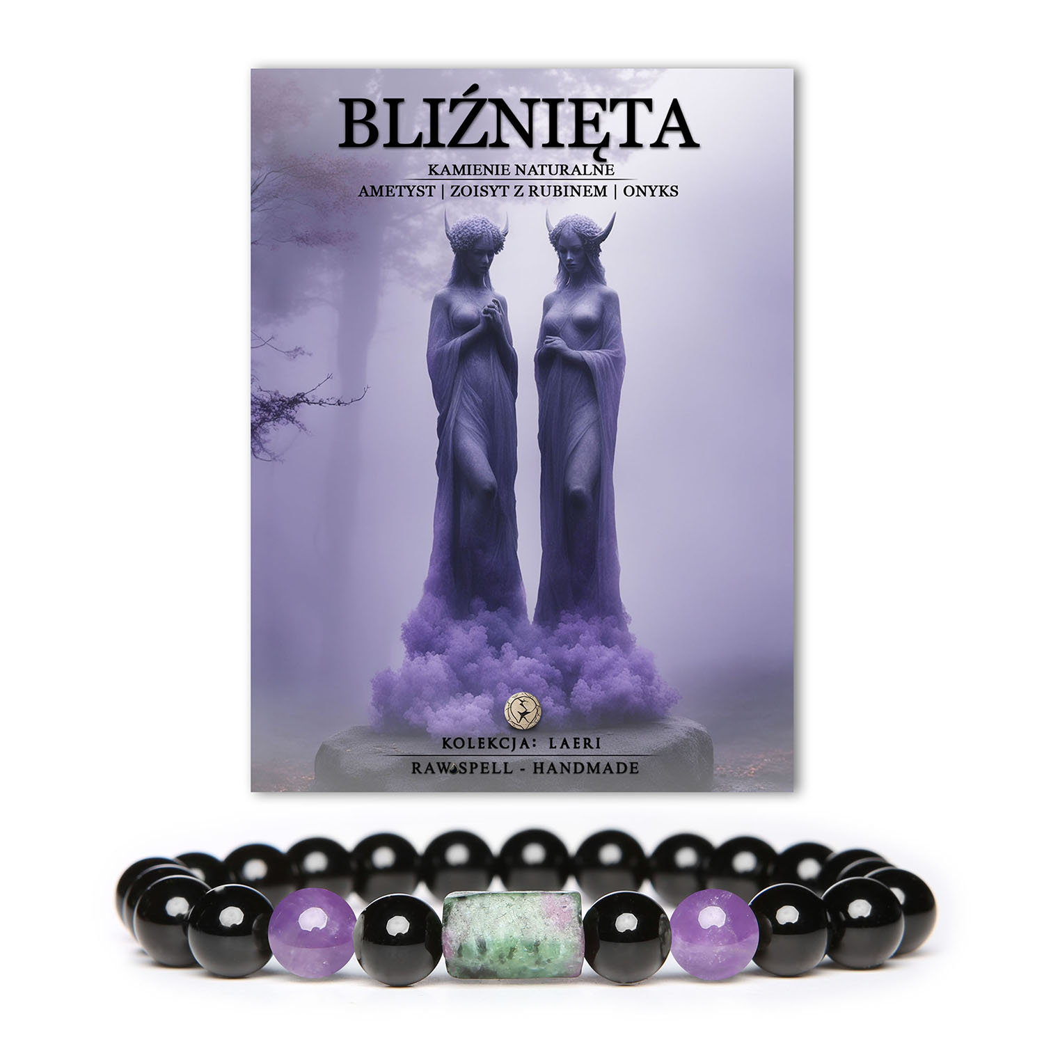 Kolekcja Laeri - Bransoletka Bliźnięta z ametystem, zoisitem i rubinem, ozdobione onykiem, ekskluzywna biżuteria dla kobiet i mężczyzn.