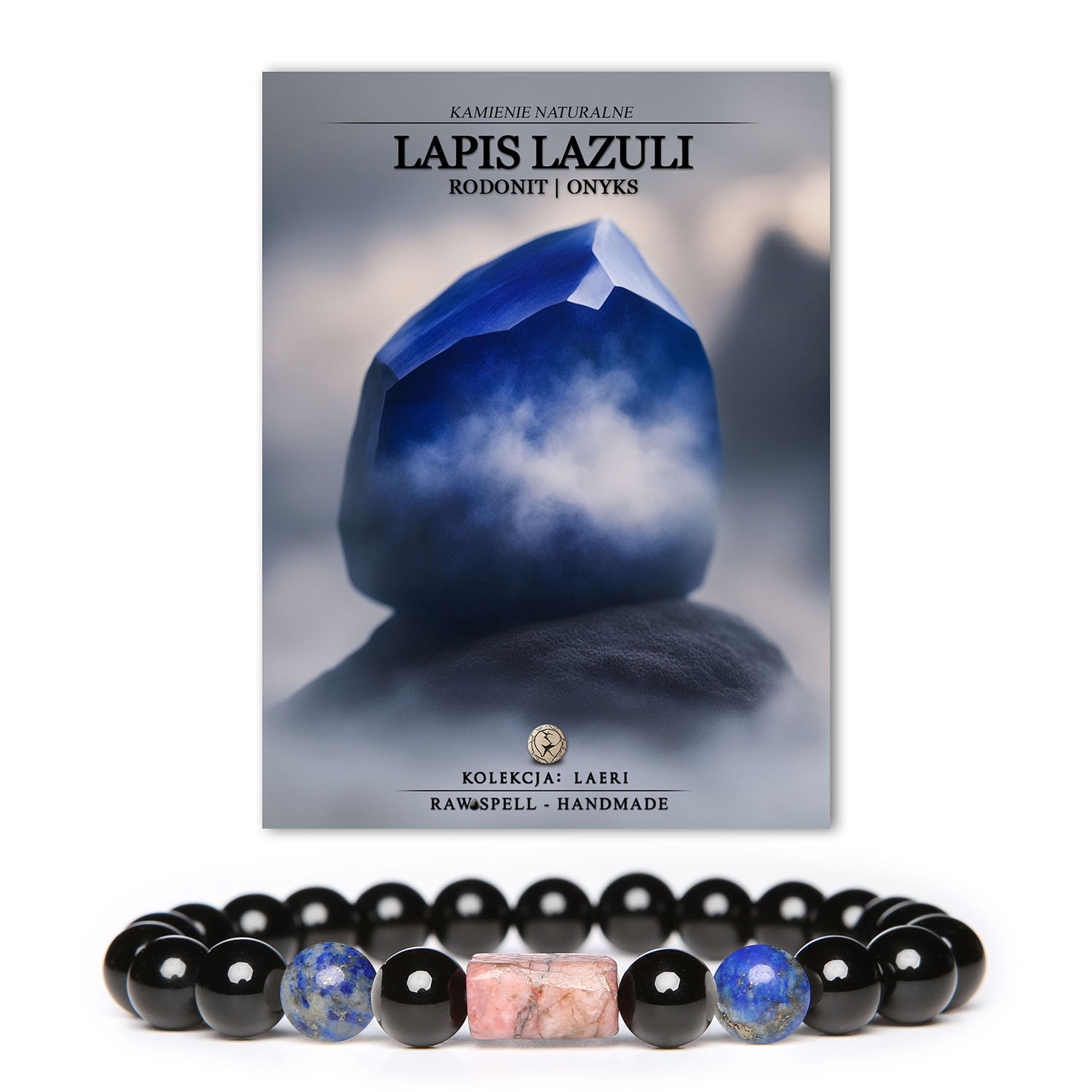 Bransoletka Laeri z naturalnymi kamieniami: Lapis Lazuli, różowy Rodonit i Onyks – modny dodatek dla kobiet i mężczyzn.