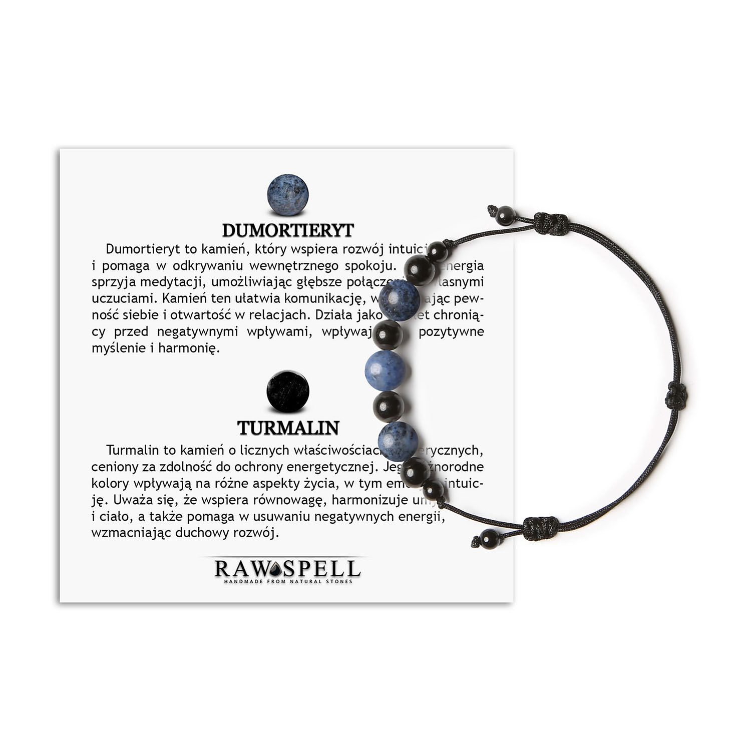 Bransoletka z dumortyrytem i turmalinem na sznurku, dedykowana kobietom i mężczyznom z kolekcji Haka Elegancka bransoletka Haka wykonana z dumortierytu i turmalinu, stworzona dla kobiet i mężczyzn.