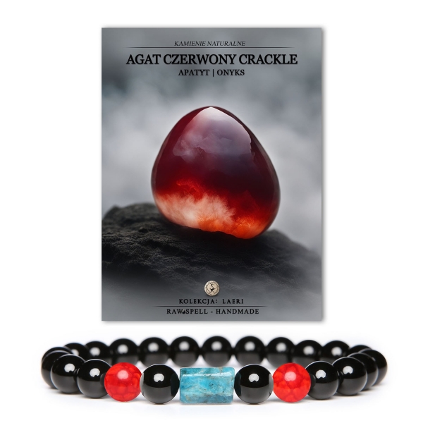 Bransoletka Laeri z naturalnych kamieni: czerwony agat crackle, apatyt i onyks, unisex – elegancki dodatek dla kobiet i mężczyzn.