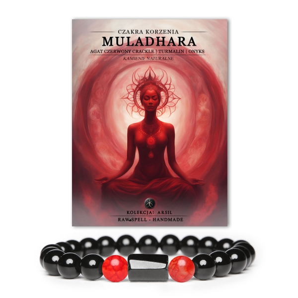 Kolekcja Arsil: elegancka bransoletka czakry korzenia z naturalnych kamieni. Połączenie czerwonego agatu, turmalinu i onyksu.