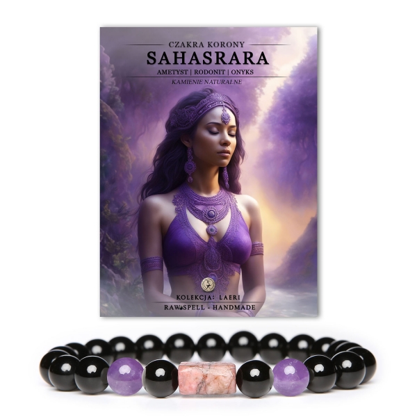 Elegancka bransoletka z naturalnych kamieni, łącząca ametyst i rodonit; symbolizuje czakrę korony Sahasrara. Kolekcja Laeri.