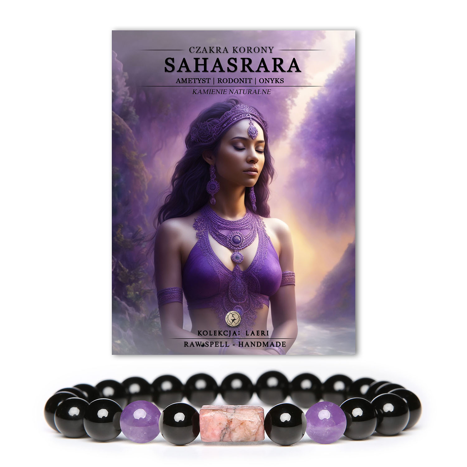 Elegancka bransoletka z naturalnych kamieni, łącząca ametyst i rodonit; symbolizuje czakrę korony Sahasrara. Kolekcja Laeri.