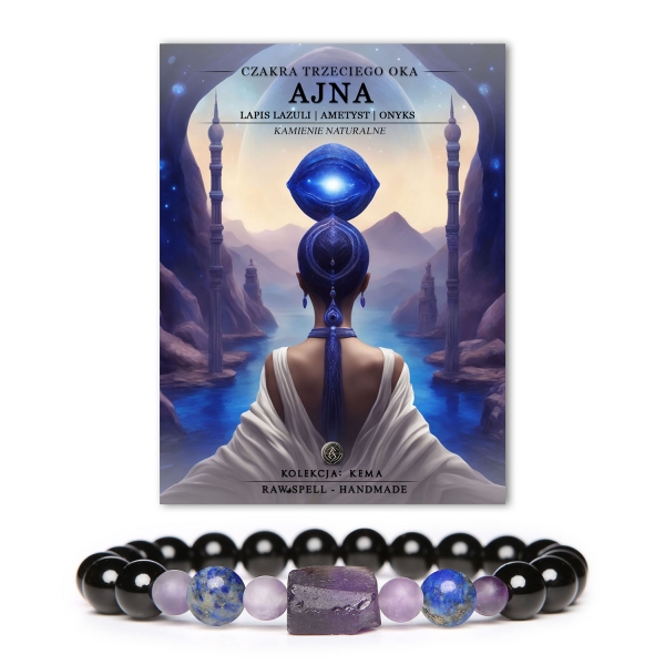 Elegancka bransoletka z naturalnych kamieni, łącząca moc czakry trzeciego oka Ajna i lapis lazuli z ametystem i onyksami - Kolekcja Kema.