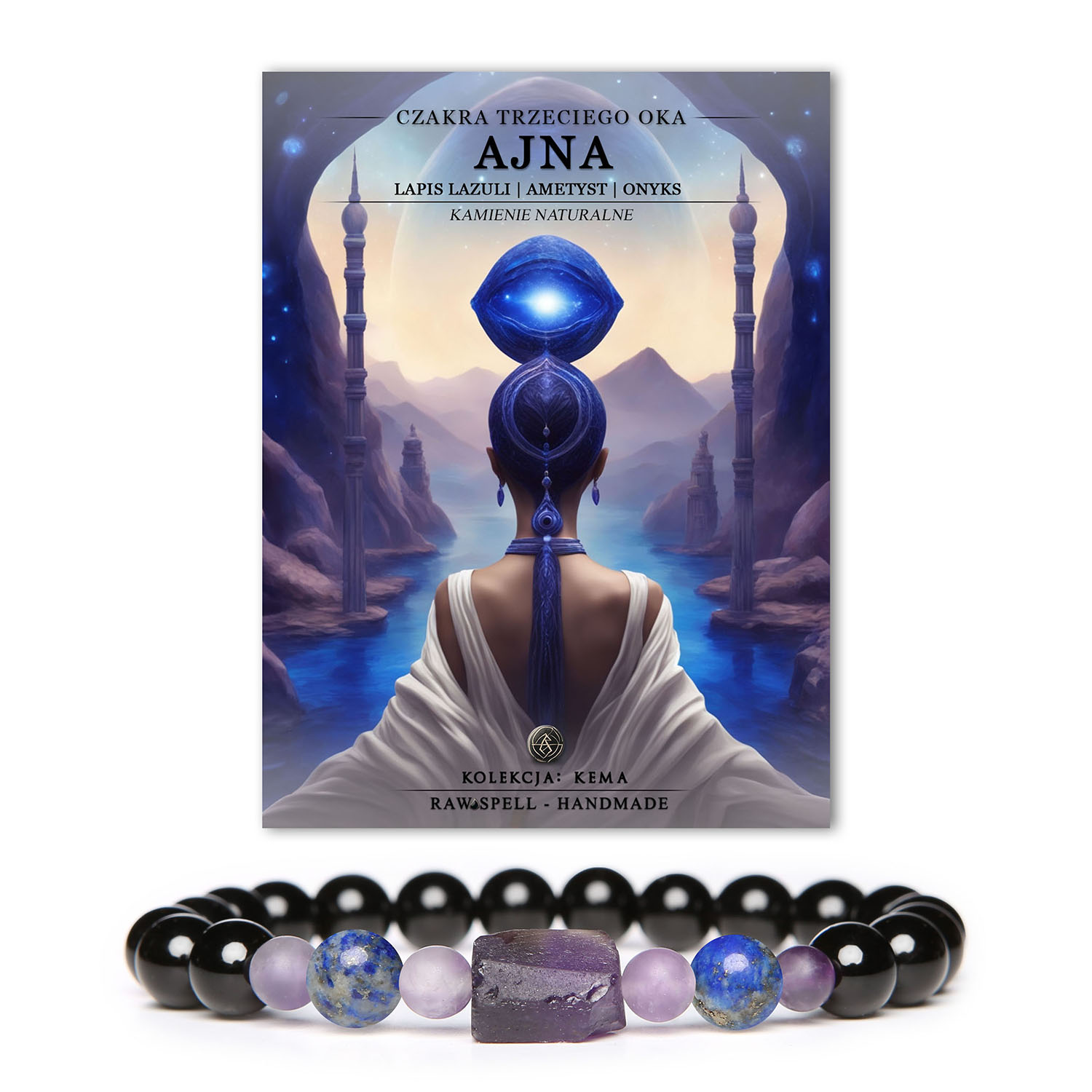 Elegancka bransoletka z naturalnych kamieni, łącząca moc czakry trzeciego oka Ajna i lapis lazuli z ametystem i onyksami - Kolekcja Kema.