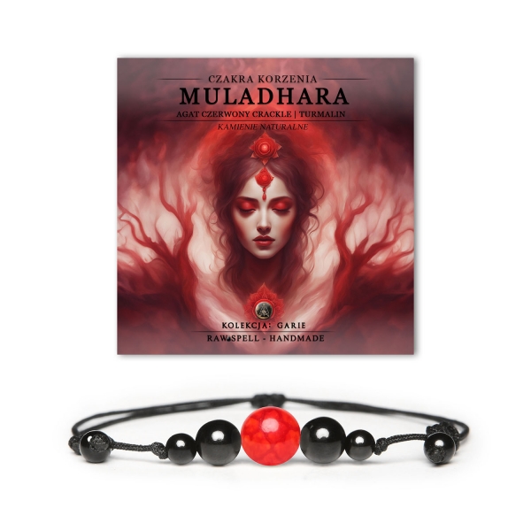 Stylowa bransoletka z czerwonego agatu crackle i turmalinu, symbolizująca czakrę korzenia Muladhara, z unikalnej kolekcji Garie.