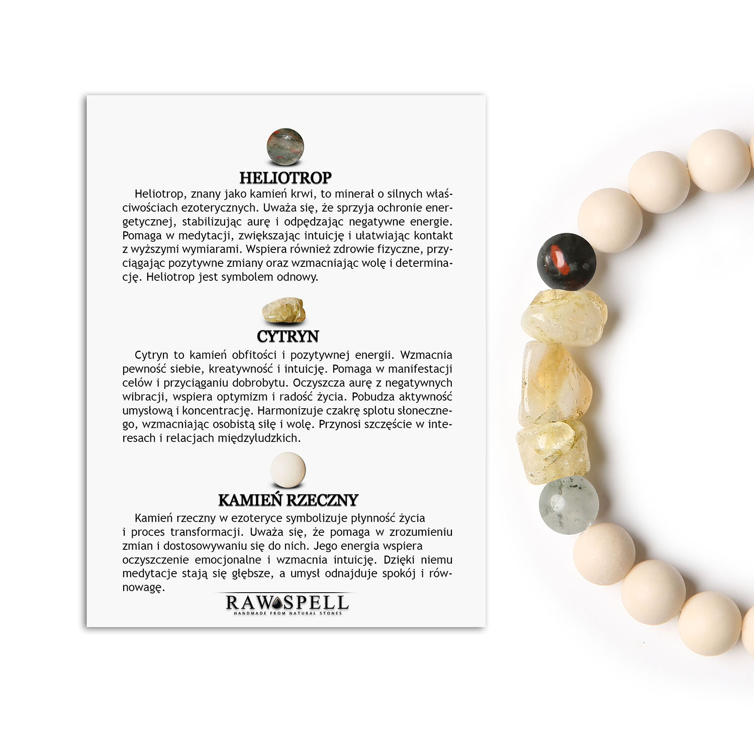 Bransoletka z kolekcji Cymiri na gumce z Heliotropem, Cytrynem i Kamieniem Rzecznym, uniwersalna dla Kobiet i Mężczyzn To bransoletka z kolekcji Cymiri, wykonana z prawdziwych kamieni naturalnych, pozostawi Ci przyjaciół w zawieszeniu.