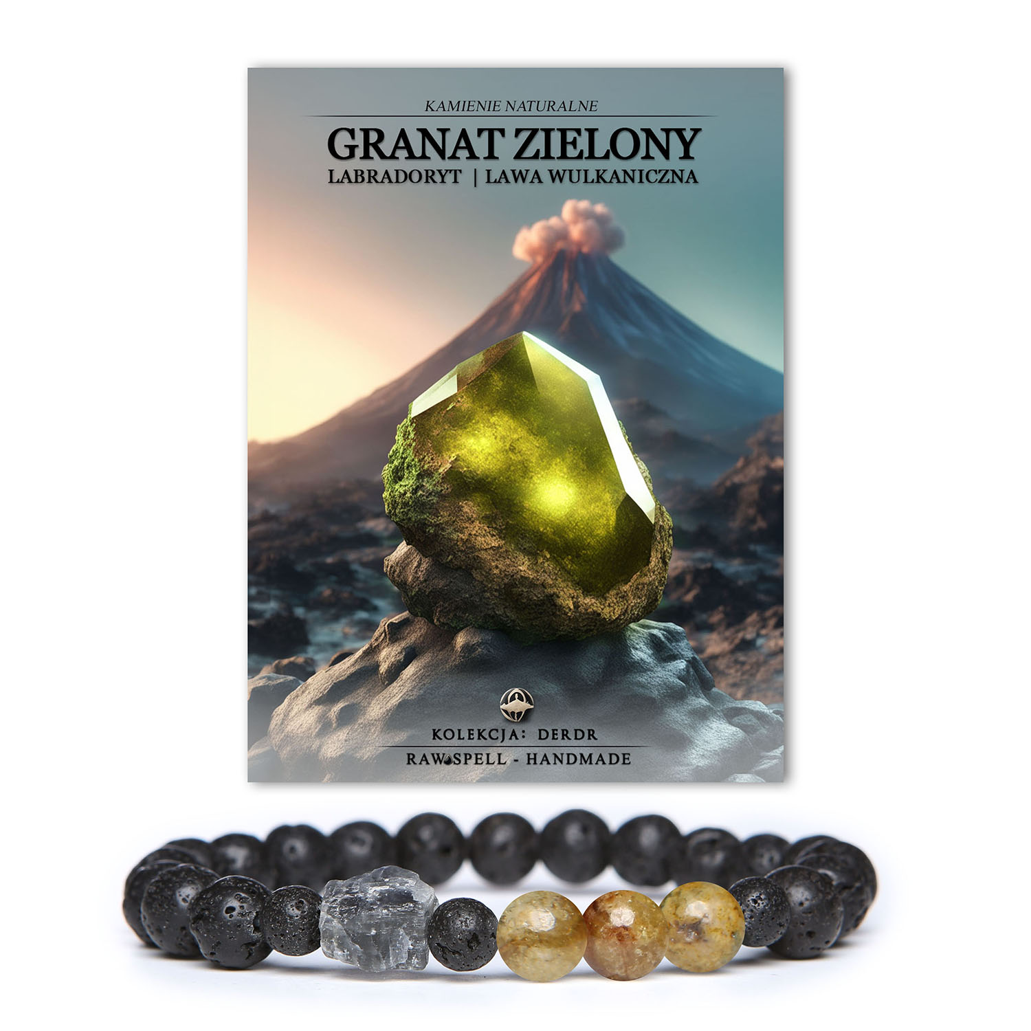 Elegancka bransoletka dla kobiet i mężczyzn z kolekcji Derdr, wykonana z granatu zielonego, labradorytu i lawy wulkanicznej.