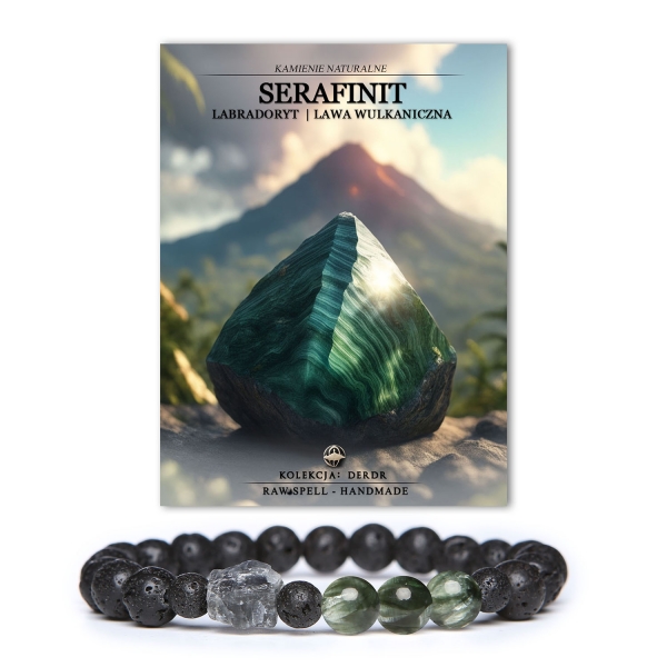 Bransoletka Derdr z unikalnymi kamieniami: serafinit, labradoryt i lawa wulkaniczna, doskonały dodatek zarówno dla kobiet, jak i mężczyzn.