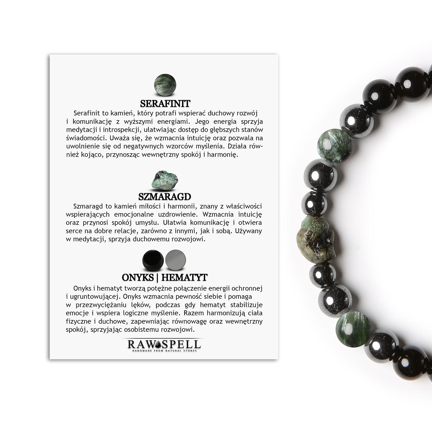 Bransoletka z kolekcji Elai Serafinit z szmaragdem i onyksem dla kobiet i mężczyzn na gumce Elegancka bransoletka w stylu unisex z kolekcji Elai, wykonana z serafinitu, szmaragdu, onyksu i hematytu grafitowego.