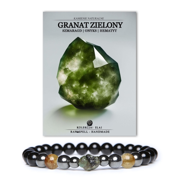Kolekcja Elai to seria bransoletek, które wyjątkowo podkreślają wyobraźnię i urodę. Bransoletka z tej kolekcji to prawdziwy skarb dla osób, które cenią sobie naturalne kamienie. Granat zielony, szmaragd i onyks to tylko niektóre z wielu kamieni, które stanowią jej składnik. Idealna ozdoba dla kobiet i mężczyzn.