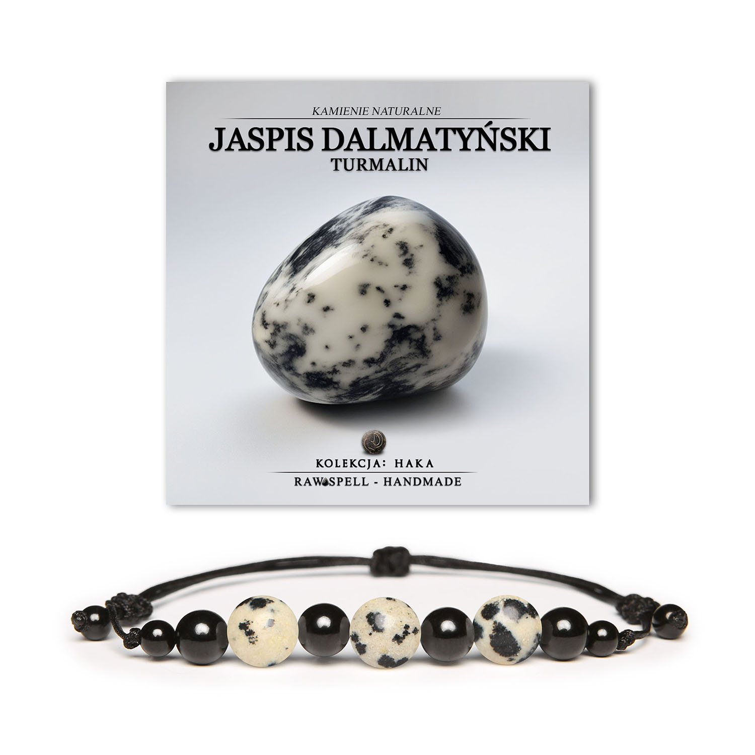 Unikatowa bransoletka Haka z naturalnymi kamieniami - jaspis dalmatyński i turmalin, dla pań i panów poszukujących eleganckiego akcentu.
