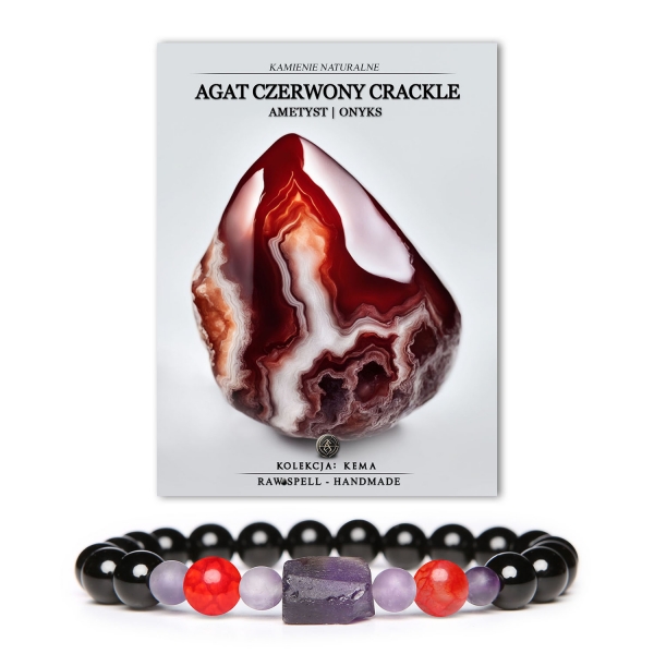 Stylowa bransoletka z kolekcji Kema wykonana z naturalnych kamieni – Czerwony Agat Crackle, Ametyst i Onyks, idealna dla każdego.