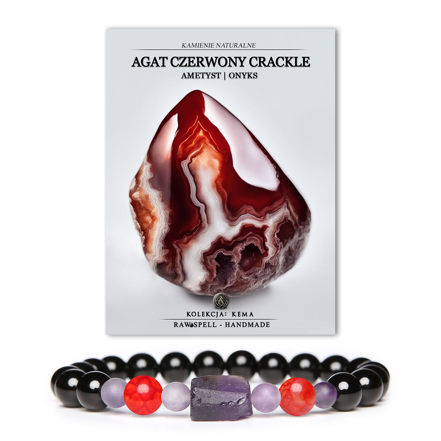 Stylowa bransoletka z kolekcji Kema wykonana z naturalnych kamieni – Czerwony Agat Crackle, Ametyst i Onyks, idealna dla każdego.