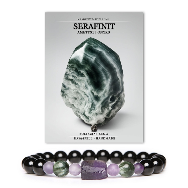 Bransoletka Kema z naturalnych kamieni: serafinit, ametyst i onyx - uniseksowy akcent w twojej biżuterii.