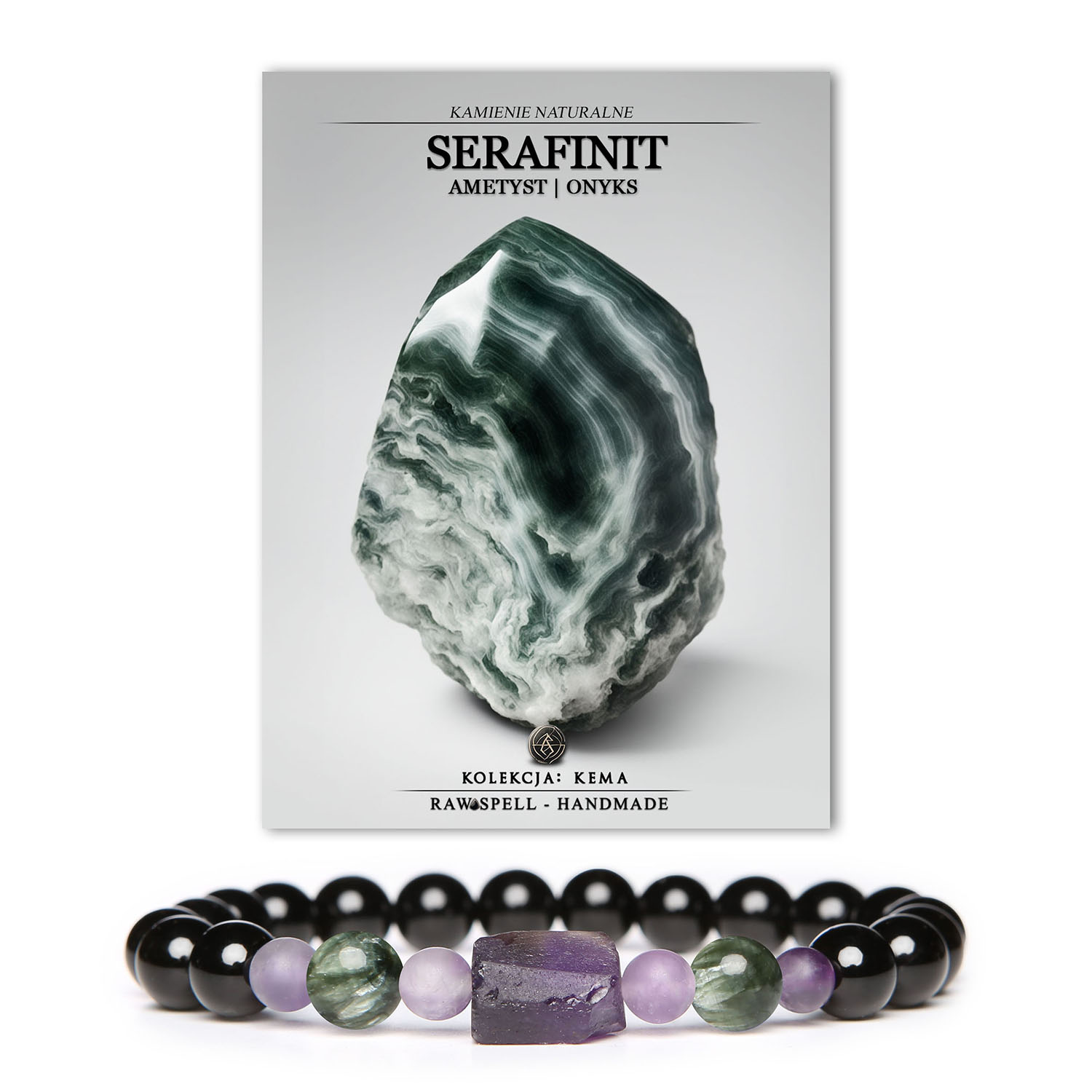 Bransoletka Kema z naturalnych kamieni: serafinit, ametyst i onyx - uniseksowy akcent w twojej biżuterii.