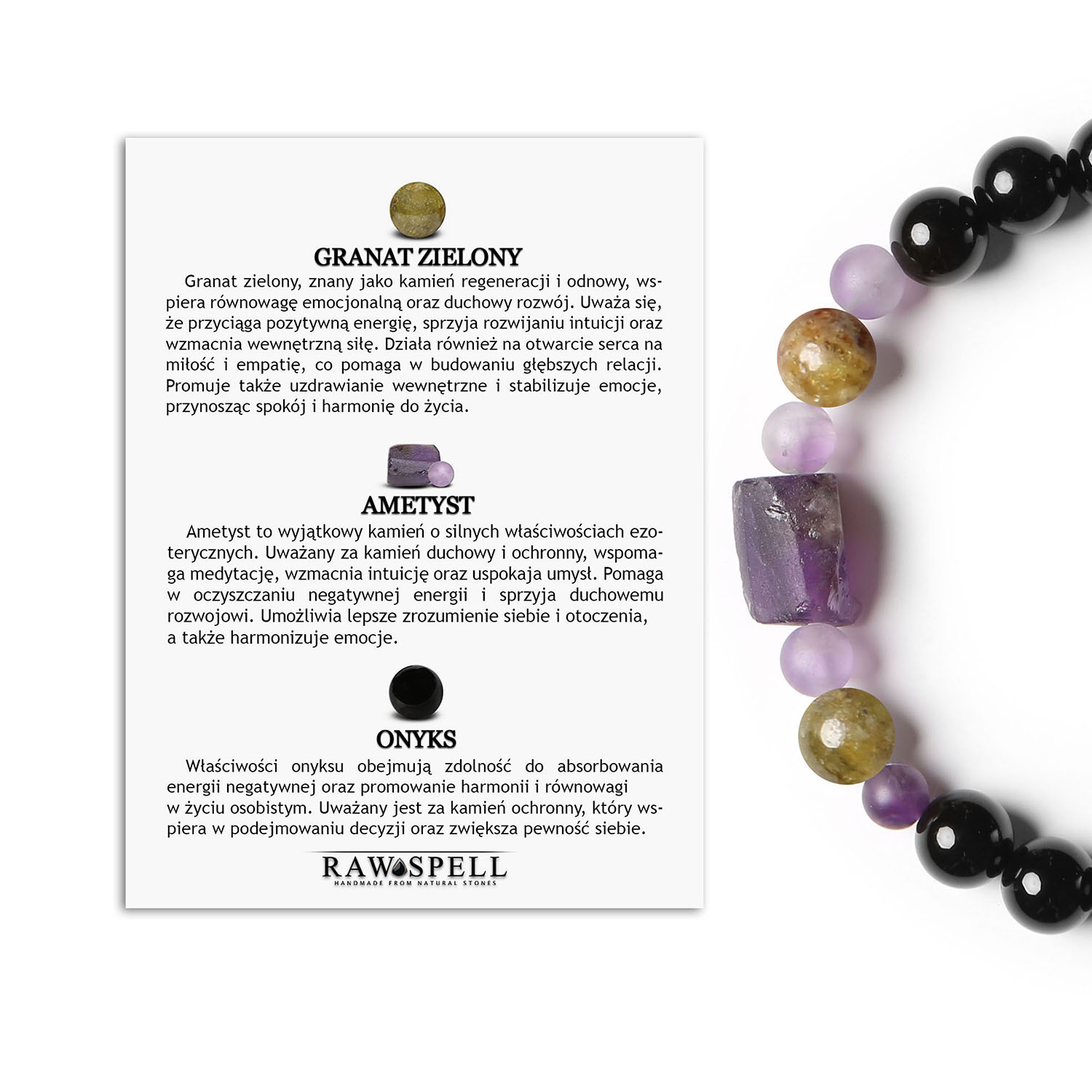 Bransoletka z kolekcji Kema w odcieniach granatu i zieleni z ametystem oraz onyksem, uniwersalna dla kobiet i mężczyzn Elegancka bransoletka Kema z naturalnymi kamieniami – granat zielony, ametyst i onyks, dostosowana do potrzeb kobiet i mężczyzn.