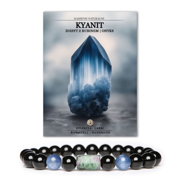 Elegancka bransoletka Laeri z kamieni naturalnych: kyanitem, zoisyt z rubinem oraz onyks, dopasowana zarówno do kobiet, jak i mężczyzn.