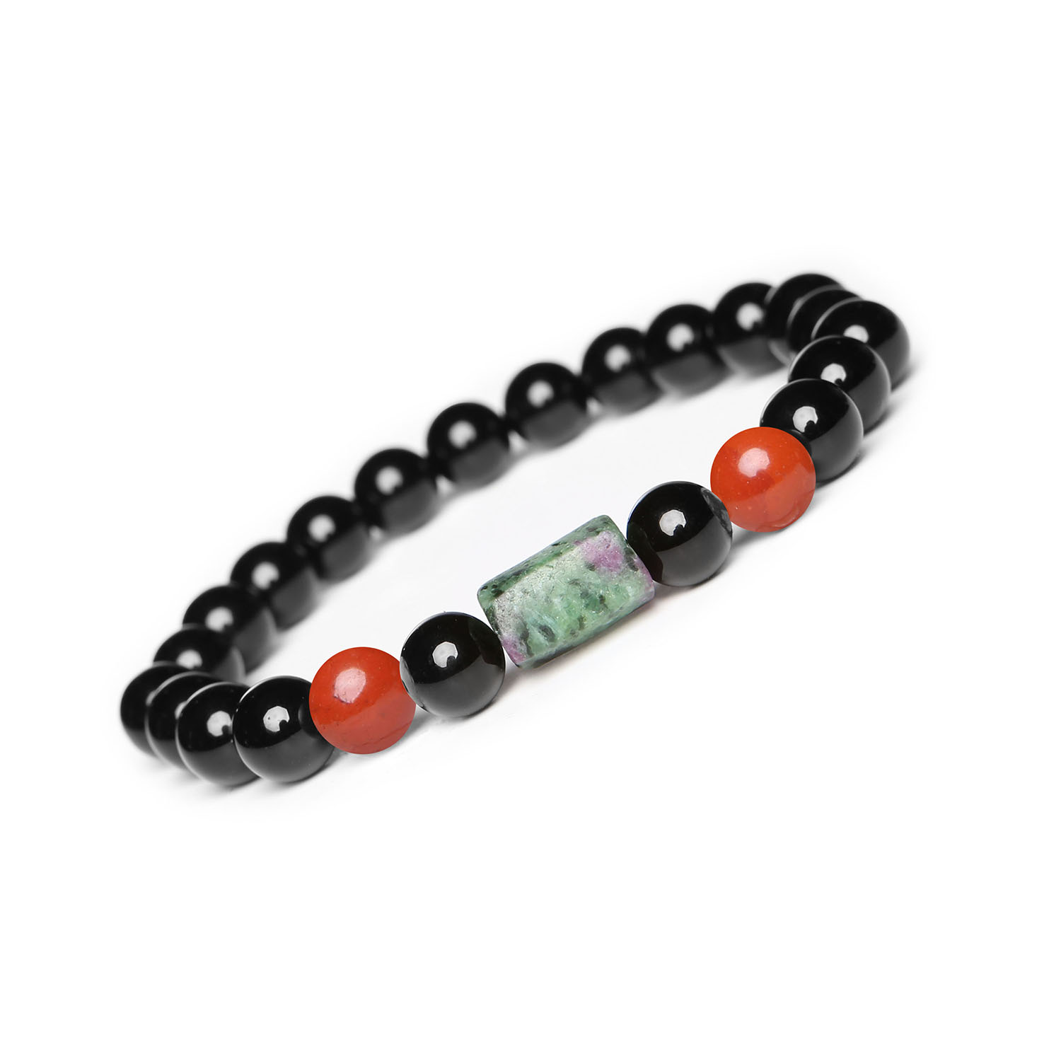 Bransoletka z kolekcji Laeri dla kobiet i mężczyzn z szlachetnymi kamieniami Bransoletka Laeri z kamieni naturalnych: jaspis czerwony, zoisyt z rubinem i onyks, idealna dla kobiet i mężczyzn.