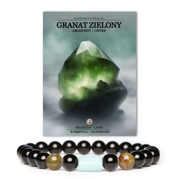 Bransoletka z kolekcji Laeri wykonana z kamieni naturalnych: granatu zielonego, amazonitu i onyksu - dla mężczyzn i kobiet.