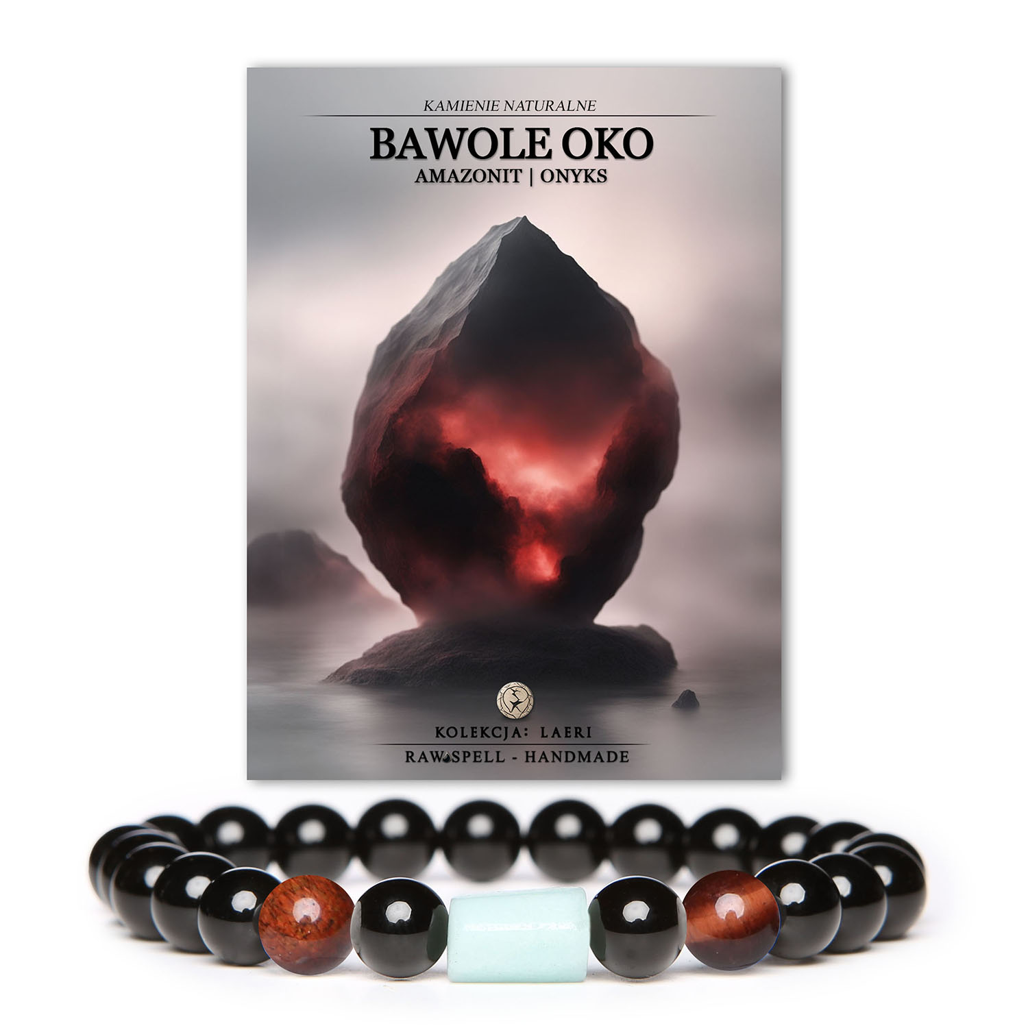 Bransoletka Laeri z naturalnymi kamieniami: Bawole Oko, Amazonit i Onyks, idealna dla kobiet i mężczyzn.